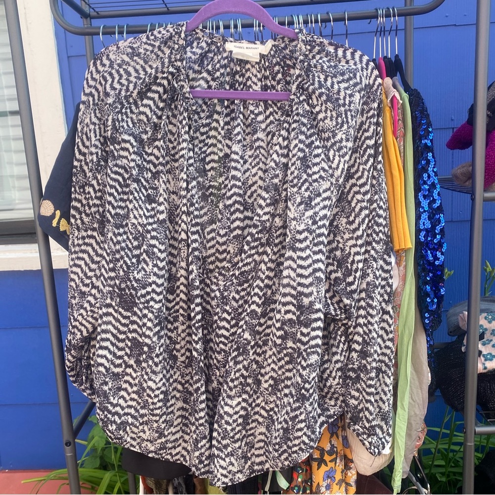 Isabel Marant Grunge Animal Print Black White Deep V Studded Long Sleeve Blouse